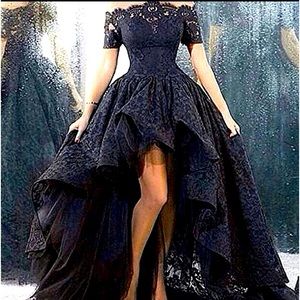Black High Low Lace Half Sleeve Evening Dress Party Prom Formal CelebrityGownUS8